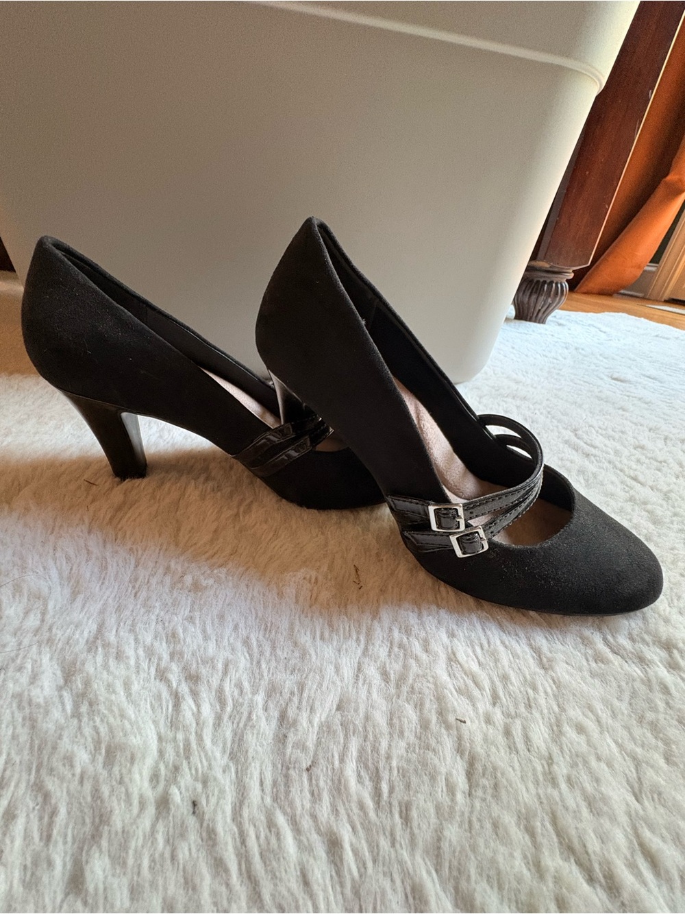Giani Bernini Black Suede Double Buckle Mary Jane Heels
